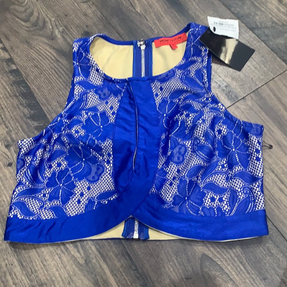 NWT WOW Couture Cobalt Blue & Nude Lace Crop Top Size Medium
